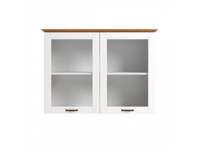 Armário aéreo com duas portas de vidro na cor branco lavado com honey / coleção Alma